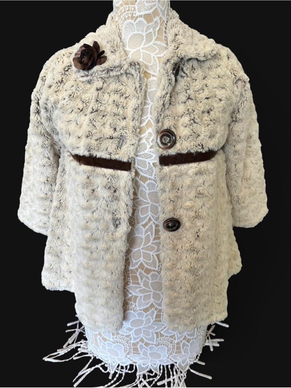 Girls Cream Teddy Jacket with Brown Trim and Flower Accent